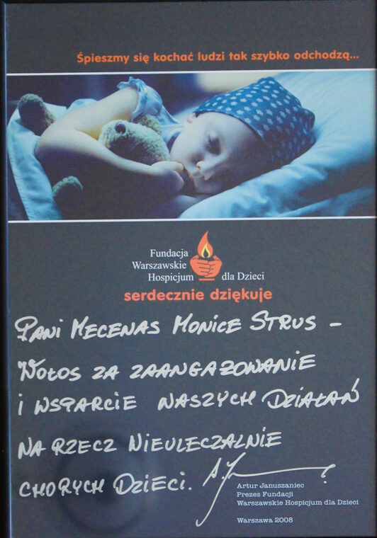 podziękowania od prezesa warszawskiego hospicjum dla dzieci dla mecenas strus wołos